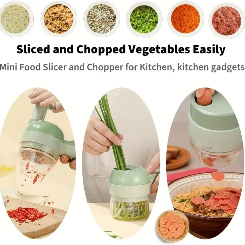 4 in 1 Electric Vegetable Cutter Set Portable Mini Wireless Food Processor Slicer Garlic Chili Meat Garlic Chopper with Brush