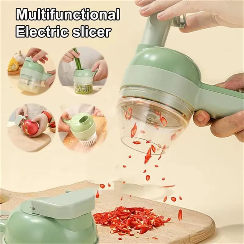 4 in 1 Electric Vegetable Cutter Set Portable Mini Wireless Food Processor Slicer Garlic Chili Meat Garlic Chopper with Brush